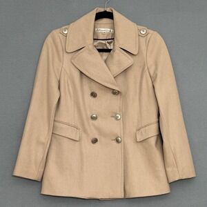Kenneth Cole NY Women Coat 14 Beige Wool Blend Pea Coat Double Breasted Classic